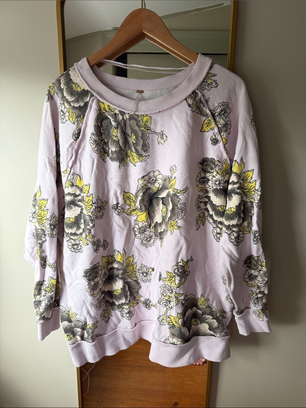 Free People Lilac Floral Scoop Neck Sweatshirt with Yellow & Gray Blooms